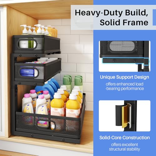 Under Sink Organizer, 2-Pack 3-Tier Thickened Metal Pull out Cabinet Organizer Shelf, Height Adjustable Slide out Storage Drawer Rack for Kitchen Bathroom Pantry Laundry Home Office Organization - My Kitchen Products