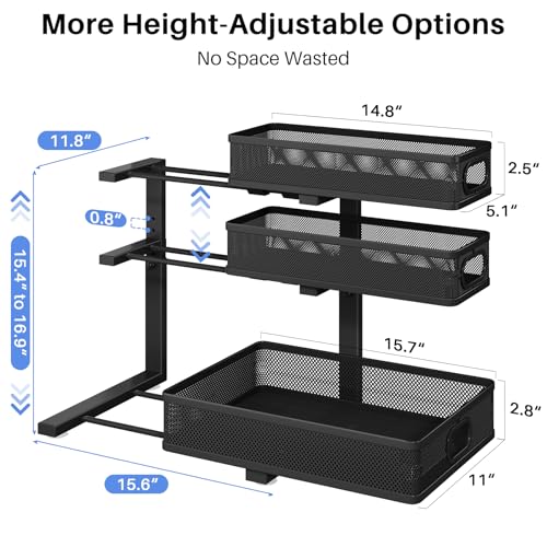 Under Sink Organizer, 2-Pack 3-Tier Thickened Metal Pull out Cabinet Organizer Shelf, Height Adjustable Slide out Storage Drawer Rack for Kitchen Bathroom Pantry Laundry Home Office Organization - My Kitchen Products