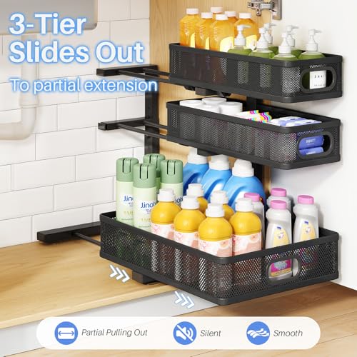 Under Sink Organizer, 2-Pack 3-Tier Thickened Metal Pull out Cabinet Organizer Shelf, Height Adjustable Slide out Storage Drawer Rack for Kitchen Bathroom Pantry Laundry Home Office Organization - My Kitchen Products