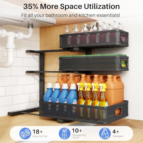 Under Sink Organizer, 2-Pack 3-Tier Thickened Metal Pull out Cabinet Organizer Shelf, Height Adjustable Slide out Storage Drawer Rack for Kitchen Bathroom Pantry Laundry Home Office Organization - My Kitchen Products