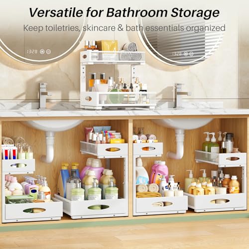 Under Sink Organizer, 2-Pack Pull Out Cabinet Organizer 2 Tier Metal Slide Out Storage Shelf Rack, L-Shaped Adjustable Height,Mesh Sliding Drawer for Kitchen, Bathroom, Laundry, Pantry, White, XL - My Kitchen Products