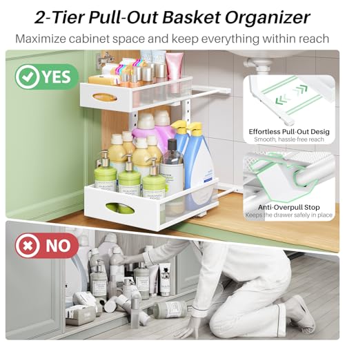 Under Sink Organizer, 2-Pack Pull Out Cabinet Organizer 2 Tier Metal Slide Out Storage Shelf Rack, L-Shaped Adjustable Height,Mesh Sliding Drawer for Kitchen, Bathroom, Laundry, Pantry, White, XL - My Kitchen Products