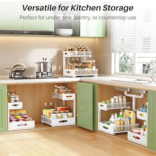 Under Sink Organizer, 2-Pack Pull Out Cabinet Organizer 2 Tier Metal Slide Out Storage Shelf Rack, L-Shaped Adjustable Height,Mesh Sliding Drawer for Kitchen, Bathroom, Laundry, Pantry, White, XL - My Kitchen Products