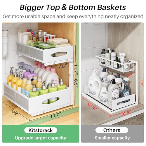 Under Sink Organizer, 2-Pack Pull Out Cabinet Organizer 2 Tier Metal Slide Out Storage Shelf Rack, L-Shaped Adjustable Height,Mesh Sliding Drawer for Kitchen, Bathroom, Laundry, Pantry, White, XL - My Kitchen Products