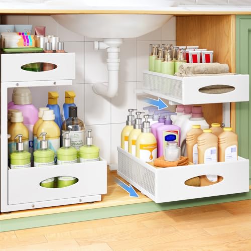 Under Sink Organizer, 2-Pack Pull Out Cabinet Organizer 2 Tier Metal Slide Out Storage Shelf