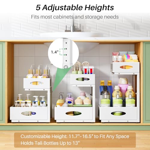 Under Sink Organizer, 2-Pack Pull Out Cabinet Organizer 2 Tier Metal Slide Out Storage Shelf Rack, L-Shaped Adjustable Height,Mesh Sliding Drawer for Kitchen, Bathroom, Laundry, Pantry, White, XL - My Kitchen Products