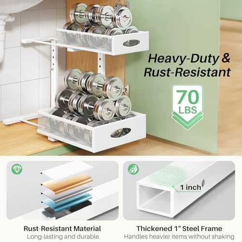 Under Sink Organizer, 2-Pack Pull Out Cabinet Organizer 2 Tier Metal Slide Out Storage Shelf Rack, L-Shaped Adjustable Height,Mesh Sliding Drawer for Kitchen, Bathroom, Laundry, Pantry, White, XL - My Kitchen Products