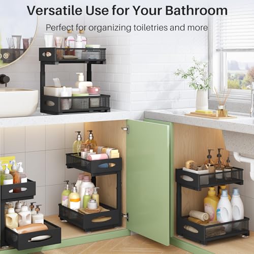 Under Sink Organizer, 2 Tier Pull out Cabinet Organizer Baskets with Mesh Sliding Drawers, Slide out Storage Shelf for Home, Kitchen, Bathroom, Pantry, Office Cabinet, Countertop(1 Pack) - My Kitchen Products