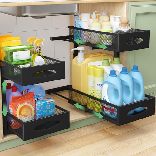 Under Sink Organizer, 2 Tier Pull out Cabinet Organizer Baskets with Mesh Sliding Drawers, Slide out Storage Shelf for Home