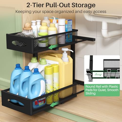 Under Sink Organizer, 2 Tier Pull out Cabinet Organizer Baskets with Mesh Sliding Drawers, Slide out Storage Shelf for Home, Kitchen, Bathroom, Pantry, Office Cabinet, Countertop(1 Pack) - My Kitchen Products