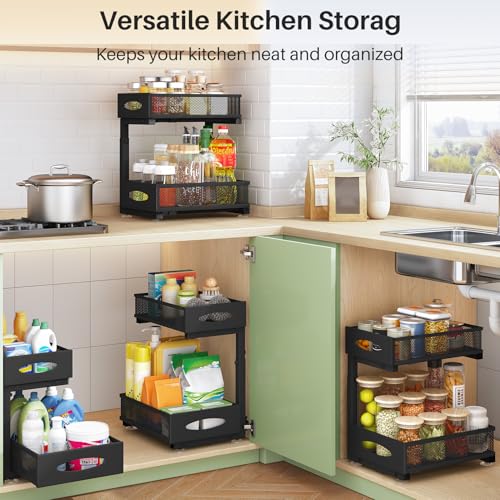 Under Sink Organizer, 2 Tier Pull out Cabinet Organizer Baskets with Mesh Sliding Drawers, Slide out Storage Shelf for Home, Kitchen, Bathroom, Pantry, Office Cabinet, Countertop(1 Pack) - My Kitchen Products