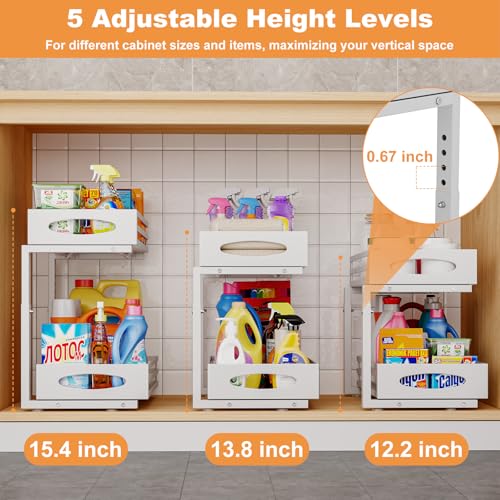 Under Sink Organizer, 2 Tier Under Sink Organizers and Storage, Adjustable Height, Slide out Metal Cabinet Organizers, Pull out Cabinet Storage Drawer Shelf for Kitchen Bathroom (White, 1 Pack) - My Kitchen Products