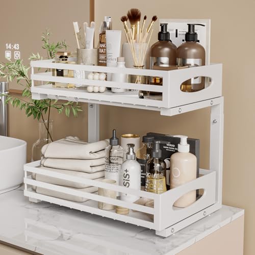 Under Sink Organizer, 2 Tier Under Sink Organizers and Storage, Adjustable Height, Slide out Metal Cabinet Organizers, Pull out Cabinet Storage Drawer Shelf for Kitchen Bathroom (White, 1 Pack) - My Kitchen Products