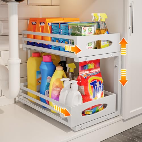 Under Sink Organizer, 2 Tier Under Sink Organizers and Storage, Adjustable Height, Slide out Metal Cabinet