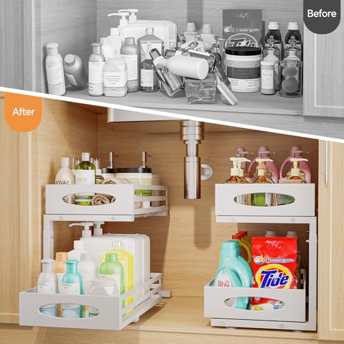 Under Sink Organizer, 2 Tier Under Sink Organizers and Storage, Adjustable Height, Slide out Metal Cabinet Organizers, Pull out Cabinet Storage Drawer Shelf for Kitchen Bathroom (White, 1 Pack) - My Kitchen Products
