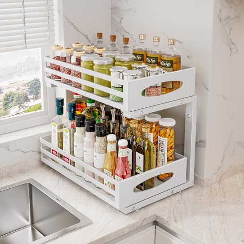 Under Sink Organizer, 2 Tier Under Sink Organizers and Storage, Adjustable Height, Slide out Metal Cabinet Organizers, Pull out Cabinet Storage Drawer Shelf for Kitchen Bathroom (White, 1 Pack) - My Kitchen Products