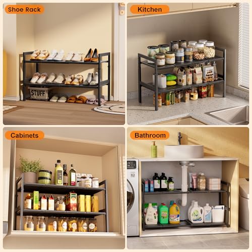 Under Sink Organizer and Storage 16.5"-30.7" Expandable Length, Adjustable Height Max 16.7" Under Sink Shelf 2 Tier with Removable ABS Panels Metal Frame for Bathroom Kitchen Pantry Cabitnet Pot Pan - My Kitchen Products