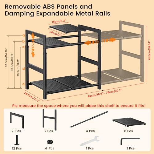 Under Sink Organizer and Storage 16.5"-30.7" Expandable Length, Adjustable Height Max 16.7" Under Sink Shelf 2 Tier with Removable ABS Panels Metal Frame for Bathroom Kitchen Pantry Cabitnet Pot Pan - My Kitchen Products