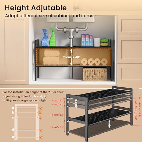 Under Sink Organizer and Storage 16.5"-30.7" Expandable Length, Adjustable Height Max 16.7" Under Sink Shelf 2 Tier with Removable ABS Panels Metal Frame for Bathroom Kitchen Pantry Cabitnet Pot Pan - My Kitchen Products