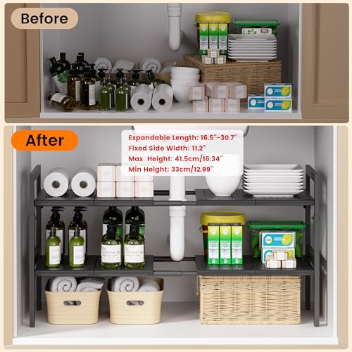 Under Sink Organizer and Storage 16.5"-30.7" Expandable Length, Adjustable Height Max 16.7" Under Sink Shelf 2 Tier with Removable ABS Panels Metal Frame for Bathroom Kitchen Pantry Cabitnet Pot Pan - My Kitchen Products