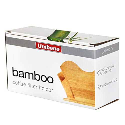 Unibene Bamboo Coffee Filter Holder, Renewable Stand Container Dispenser Rack Shelf for Square Cone-shaped and Flat-bottomed Pour Over Paper Filters - My Kitchen Products
