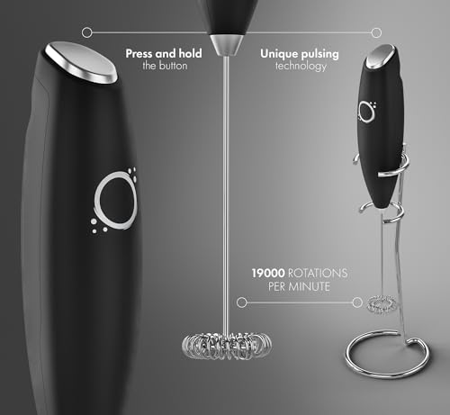 Unicoff Handheld Milk Frother with Stand – Electric Milk Frother for Coffee, Latte, Cappuccino & Matcha – Battery Operated Drink Mixer, BPA-Free Stainless Steel Whisk, Portable Mini Foam Maker (Black) - My Kitchen Products