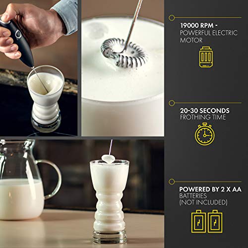 Unicoff Handheld Milk Frother with Stand – Electric Milk Frother for Coffee, Latte, Cappuccino & Matcha – Battery Operated Drink Mixer, BPA-Free Stainless Steel Whisk, Portable Mini Foam Maker (Black) - My Kitchen Products