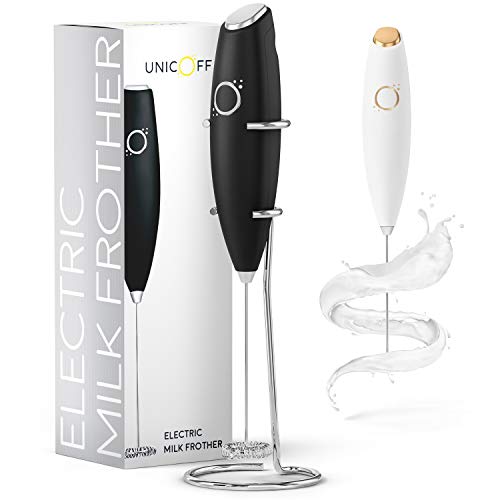 Unicoff Handheld Milk Frother with Stand – Electric Milk Frother for Coffee, Latte, Cappuccino & Matcha – Battery Operated Drink Mixer, BPA-Free Stainless Steel Whisk, Portable Mini Foam Maker (Black) - My Kitchen Products