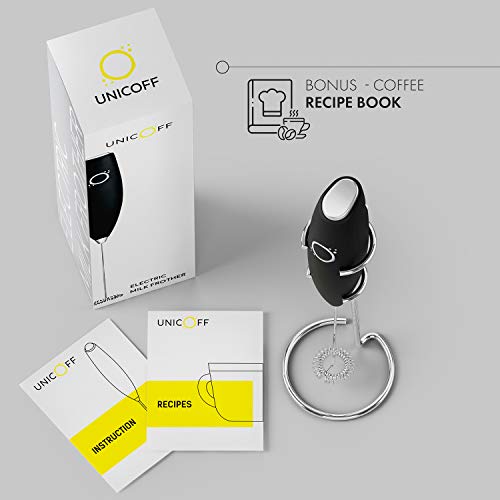 Unicoff Handheld Milk Frother with Stand – Electric Milk Frother for Coffee, Latte, Cappuccino & Matcha – Battery Operated Drink Mixer, BPA-Free Stainless Steel Whisk, Portable Mini Foam Maker (Black) - My Kitchen Products