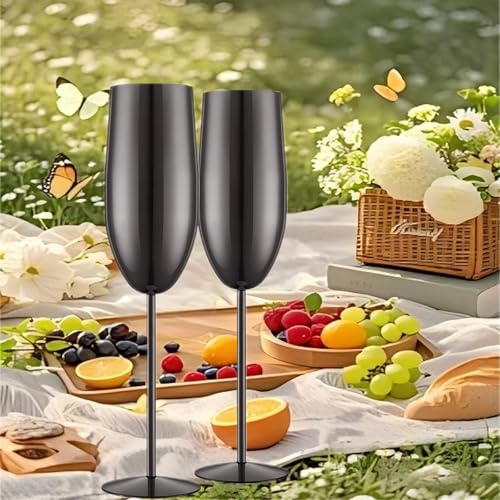 UNISWEET Stainless Steel Champagne Flutes Set of 2-Unbreakable Metal Long Stem Champagne Glasses-Engagement Gifts for Women-8.5 oz Modern Toasting Flutes-Wedding Flutes for Bride and Groom（Black） - My Kitchen Products