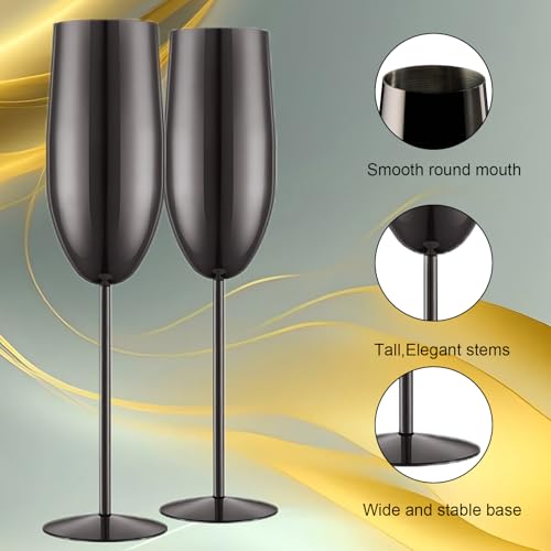 UNISWEET Stainless Steel Champagne Flutes Set of 2-Unbreakable Metal Long Stem Champagne Glasses-Engagement Gifts for Women-8.5 oz Modern Toasting Flutes-Wedding Flutes for Bride and Groom（Black） - My Kitchen Products