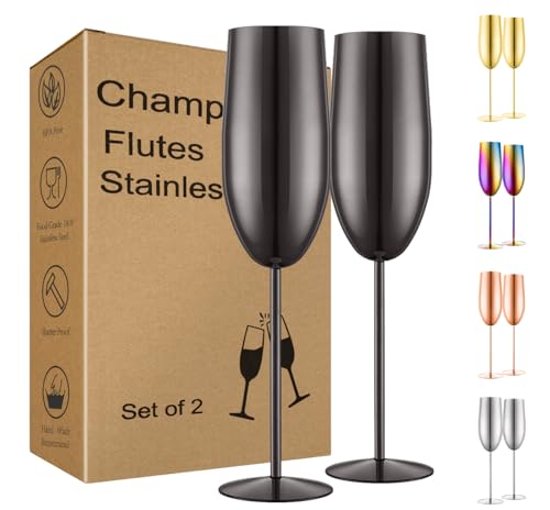UNISWEET Stainless Steel Champagne Flutes Set of 2-Unbreakable Metal Long Stem Champagne Glasses-Engagement Gifts