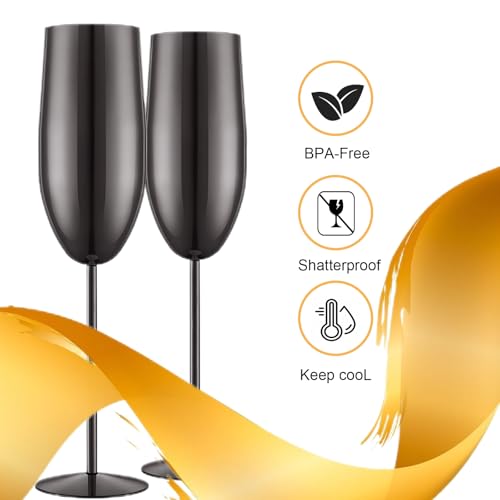 UNISWEET Stainless Steel Champagne Flutes Set of 2-Unbreakable Metal Long Stem Champagne Glasses-Engagement Gifts for Women-8.5 oz Modern Toasting Flutes-Wedding Flutes for Bride and Groom（Black） - My Kitchen Products