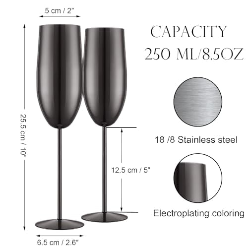 UNISWEET Stainless Steel Champagne Flutes Set of 2-Unbreakable Metal Long Stem Champagne Glasses-Engagement Gifts for Women-8.5 oz Modern Toasting Flutes-Wedding Flutes for Bride and Groom（Black） - My Kitchen Products