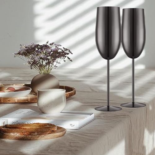 UNISWEET Stainless Steel Champagne Flutes Set of 2-Unbreakable Metal Long Stem Champagne Glasses-Engagement Gifts for Women-8.5 oz Modern Toasting Flutes-Wedding Flutes for Bride and Groom（Black） - My Kitchen Products