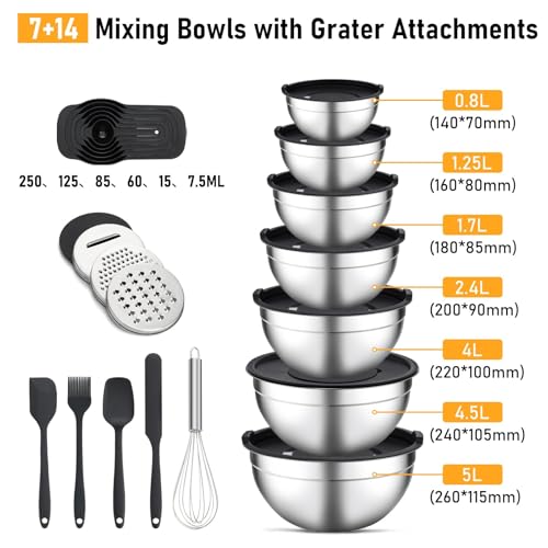 Unokit Mixing Bowls with Lids Set - 16 Pcs Stainless Steel Nesting Mixing Bowls with Grater Attachments, Mixing Bowl Set for Multi Mixing & Serving - My Kitchen Products
