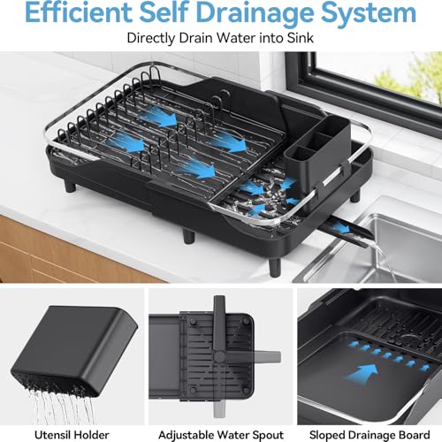 Urackify Dish Drying Rack for Kitchen Counter, Expandable Stainless Steel Dish Racks with Adjustable Water Spout, Space Saving Dish Drainer with Cutlery Holder,16.14"-23.62" L x 12.99" x 8.78",Black - My Kitchen Products