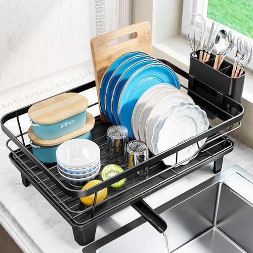 Urackify Dish Drying Rack for Kitchen Counter, Sink Dish Rack with Drainboard 12.2" W x 16.5" L, Large Dish Drainer with Cutlery Holder, Home Countertop Plate Dryer Storage Rack, Black - My Kitchen Products