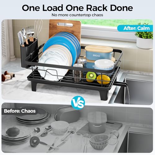 Urackify Dish Drying Rack for Kitchen Counter, Sink Dish Rack with Drainboard 12.2" W x 16.5" L, Large Dish Drainer with Cutlery Holder, Home Countertop Plate Dryer Storage Rack, Black - My Kitchen Products