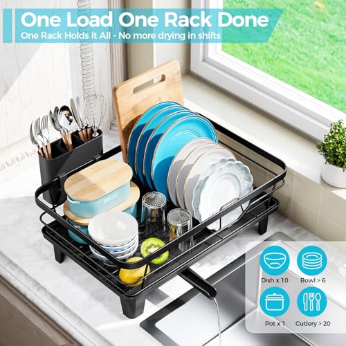 Urackify Dish Drying Rack for Kitchen Counter, Sink Dish Rack with Drainboard 12.2" W x 16.5" L, Large Dish Drainer with Cutlery Holder, Home Countertop Plate Dryer Storage Rack, Black - My Kitchen Products