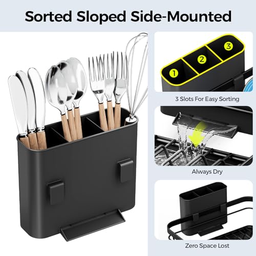 Urackify Dish Drying Rack for Kitchen Counter, Sink Dish Rack with Drainboard 12.2" W x 16.5" L, Large Dish Drainer with Cutlery Holder, Home Countertop Plate Dryer Storage Rack, Black - My Kitchen Products