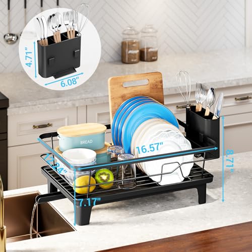 Urackify Dish Drying Rack for Kitchen Counter, Sink Dish Rack with Drainboard 12.2" W x 16.5" L, Large Dish Drainer with Cutlery Holder, Home Countertop Plate Dryer Storage Rack, Black - My Kitchen Products