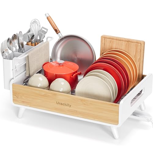 Urackify Dish Drying Rack for Kitchen Counter - Stainless Steel & Bamboo Dish Rack with Large Removable Utensil Holder, Dish Drainer with Adjustable Automatic Spout, White - My Kitchen Products