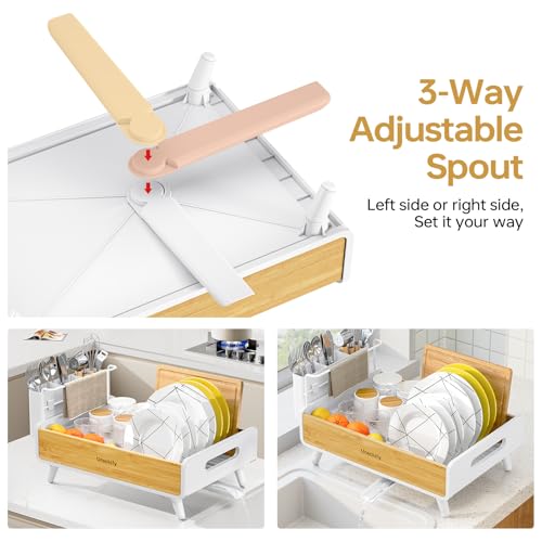 Urackify Dish Drying Rack for Kitchen Counter - Stainless Steel & Bamboo Dish Rack with Large Removable Utensil Holder, Dish Drainer with Adjustable Automatic Spout, White - My Kitchen Products