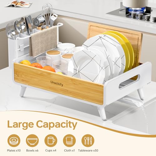 Urackify Dish Drying Rack for Kitchen Counter - Stainless Steel & Bamboo Dish Rack with Large Removable Utensil Holder, Dish Drainer with Adjustable Automatic Spout, White - My Kitchen Products