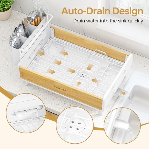 Urackify Dish Drying Rack for Kitchen Counter - Stainless Steel & Bamboo Dish Rack with Large Removable Utensil Holder, Dish Drainer with Adjustable Automatic Spout, White - My Kitchen Products