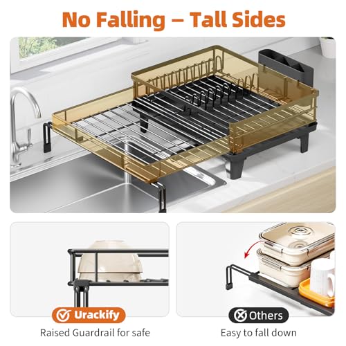 Urackify Dish Drying Rack - Large Dish Racks for Kitchen Counter, Extendable Sink Dish Drainer, Rustproof Dish Strainer with Utensil Holder, 1 Tier Black - My Kitchen Products