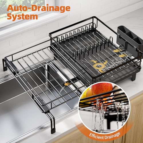 Urackify Dish Drying Rack - Large Dish Racks for Kitchen Counter, Extendable Sink Dish Drainer, Rustproof Dish Strainer with Utensil Holder, 1 Tier Black - My Kitchen Products