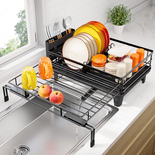 Urackify Dish Drying Rack - Large Dish Racks for Kitchen Counter, Extendable Sink Dish Drainer, Rustproof Dish Strainer with Utensil Holder, 1 Tier Black - My Kitchen Products