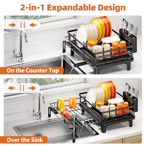 Urackify Dish Drying Rack - Large Dish Racks for Kitchen Counter, Extendable Sink Dish Drainer, Rustproof Dish Strainer with Utensil Holder, 1 Tier Black - My Kitchen Products